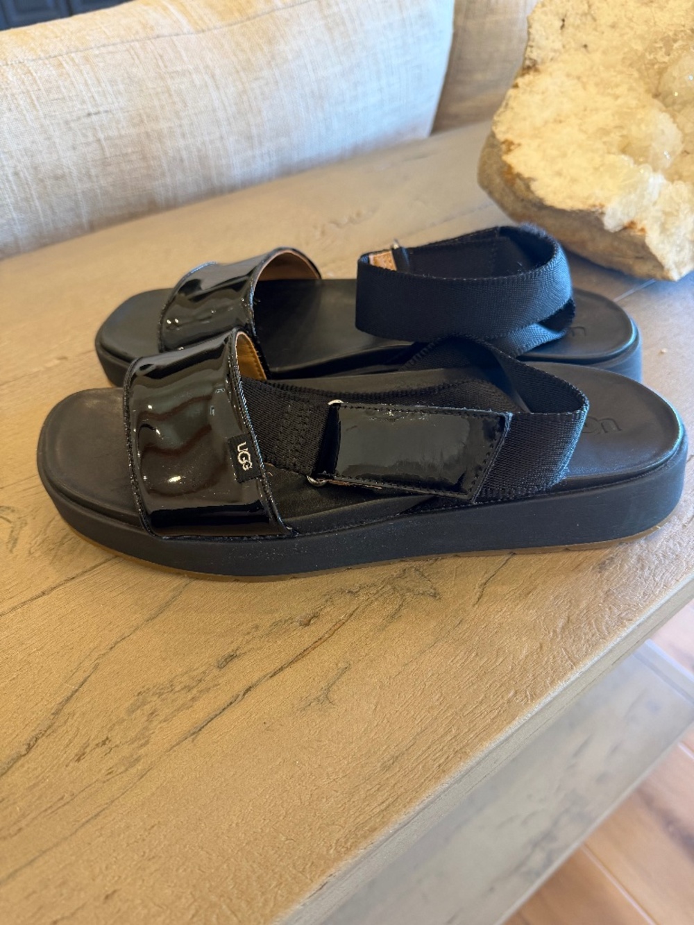 UGG Lennox Black Patent Leather Ankle Strap Sandals Casual Quality Versatile 10